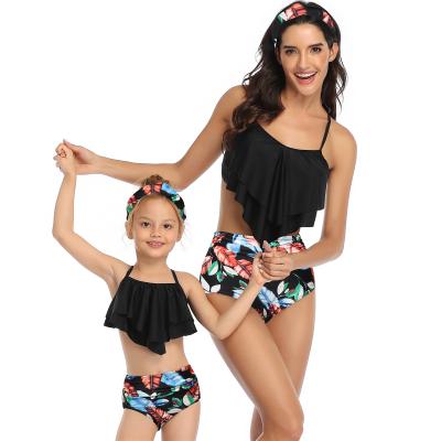 China New Breathable Parent-child Swimsuit Printed High Waist Ruffled Boy And Dad Swimming Trunks Swimwear Mother And Daughter Bikini Shorts for sale