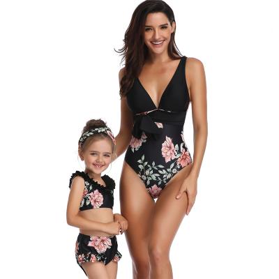 China Wholesale Hot Deep V-Neck Family Hot Family Bikini Suit Style Swimwear Ruffle Women's Swimsuit Beachwear Printed Breathable Matching Sets for sale