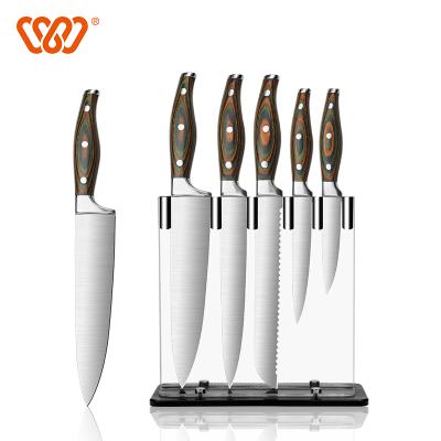 China Viable Hot Sale Pakka Wood Handle 5 Pcs Kitchen Knife Set With Acrylic Stand Low Moq Customized Knife Set for sale