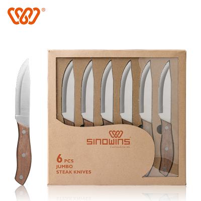 China Sustainable Jumbo Stainless Steel Steak Knife Sharp Serrated Knives Cutlery With Wooden Handle for sale