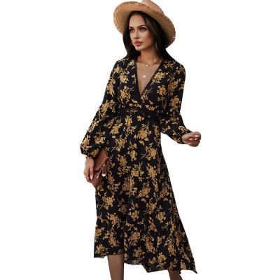 China 2021 New Design Spring Fashion Floral Big Edge Design Long Sleeve Dress Women Anti-Static for sale