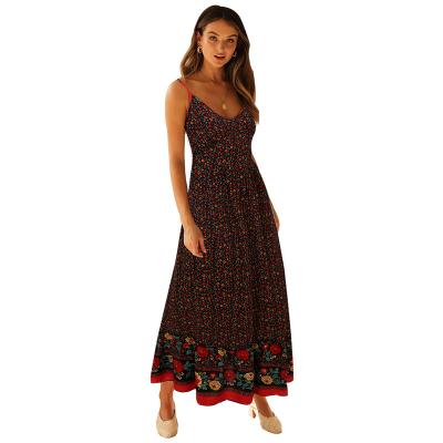 China 2021 Summer Anti-static Sexy Women's V-neck Cotton Bohemian Skirt With Shoulder Straps Floral Dresses for sale