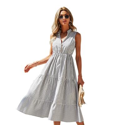 China Anti-static simple color V-neck sheer waist pleated skirt stripe holiday elegant casual dress for summer 2021 for sale