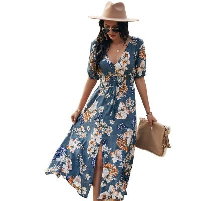 China Anti-static Fashionable Bohemian Sexy Short Waist V-Neck Print Dress Girl Holiday Tight Sleeves Dress for sale