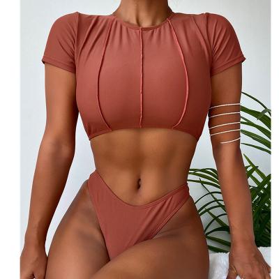 China 2022 Short Sleeve Shirt Breathable Top Swimwear High Cut 2 Piece Set Women Swimsuit for sale