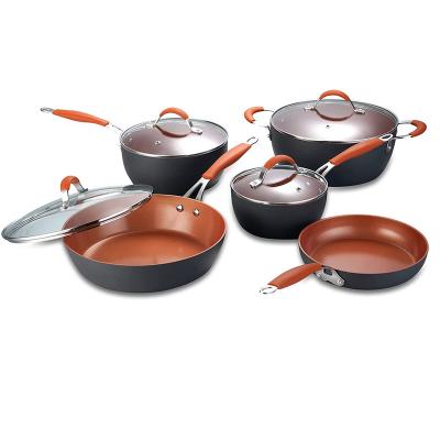 China Sale 9pcs Sustainable Copper Hot Press Aluminum Kitchen Cooking Pots And Pans Non Stick Cookware Set for sale