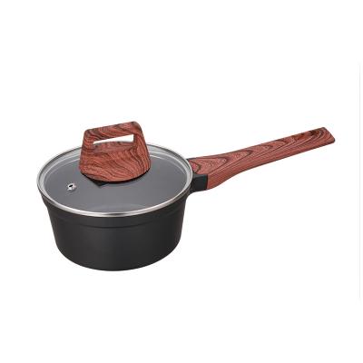 China Sustainable Hot Amazon Black Wood Handle Transfer Aluminum Iduction Sauce Pan Non Stick With Lid for sale