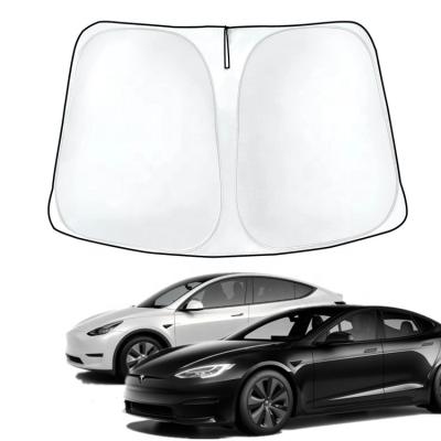 China Foldable Heat/UV Isolation Creeaes Reflector Double Layer Light Blocking Front Windshield Car Sunshade For Tesla Model 3/Y for sale