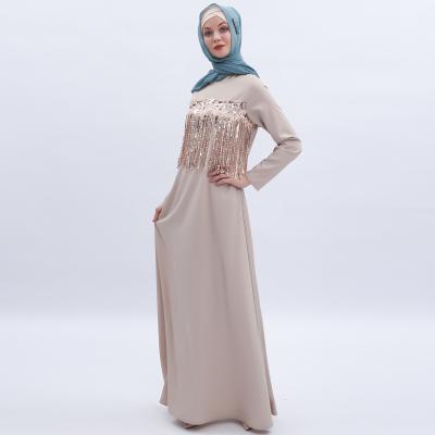 China Anti-wrinkle Muslim Women Sequins Fringed Abaya Ethnic Satin Swing Big Long Robe Style Muslim Dress for sale