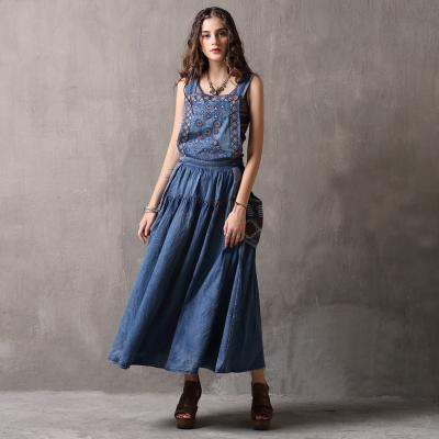 China 2021 spring and embroidery new strap summer women's retro skirt loose long skirt girls' denim dresses anti-static for sale