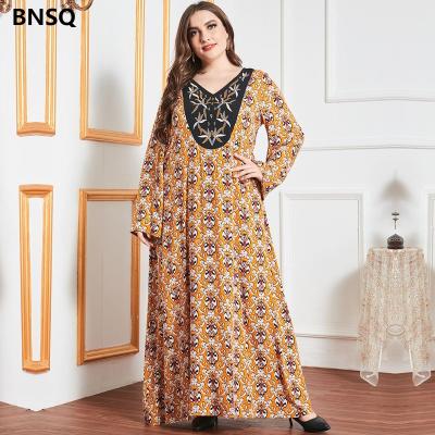 China Batwing Sleeve Patchwork Dot Print Gold Dress Plus Size Casual Muslim Dress Longer for sale