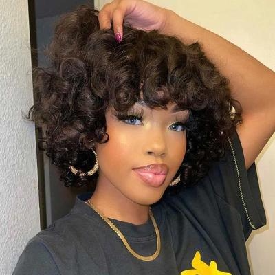 China Super Double Pixie Wig Machine Made Pulled, Brazilian Hair Wigs Bangs, Brazilian Bob Wigs For Black Women Rose Curl 12A Funmi Glueless for sale