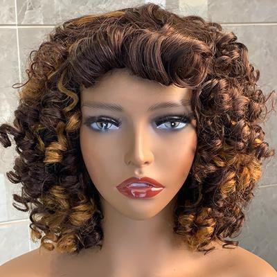 China Pink Curly Glueless Highlight Bang Wig Hair, Fumi Super Double Drawn Full Curly Machine Made Wig, 100 Bob Wigs For Women Peruvian Short for sale