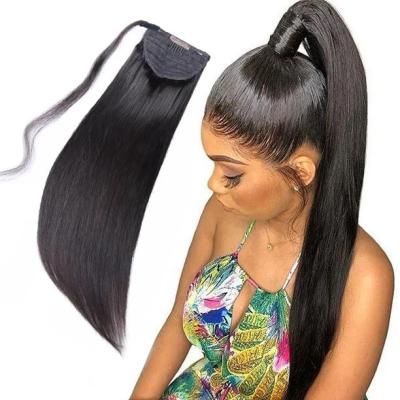 China I-tip hair raw brazilian hair wrap around ponytail long straight hair wholesale drawstring clip in silky hair extensions in ponytail for sale