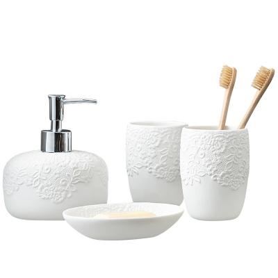 China Sustainable Bathroom Wash Set Creative Lace Mouthwash Cup Ceramic Hotel Home Bathroom Supplies for sale