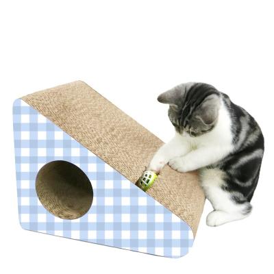 China Corrugated Cardboard Sustainable Paper Vertical Triangular Work Area Scratch Post Slanted Cat Scratchers With Catnip Free for sale