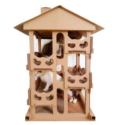 China Sustainable Pet Toys Maker Cat Villa House DIY Cardboard Housing Form Cat Tower With Scratching Boards for sale