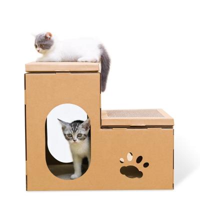 China Sustainable Collapsible Pet House Corrugated Cardboard Double-Tier Cats Villa Scratching Tower Scratch Board Cat Scratcher for sale