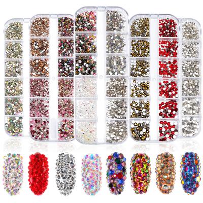 China Multicolor Glass Rhinestone Flatback 12 Grid Non Hotfix Kit For Nail Art Decoration for sale