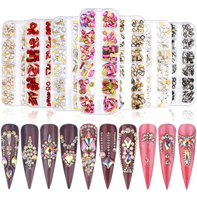 China Flatback OEM ODM Customized Wholesale Flat Back Nail Art Glass Rhinestone 12 Various Shapes Colorful Grids for sale