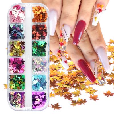 China 3d Nail Art DIY Decoration 12colors Holographic Design Laser Maple Manicure Nail Decorations Flakes Fall Leaves Glitter Nail Art Glitter for sale