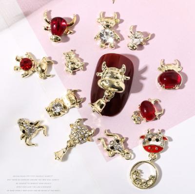 China 2021 New Year Trendy Zodiac Ox Cattle 3D Alloy Animal Nail Art Decoration Charms for sale