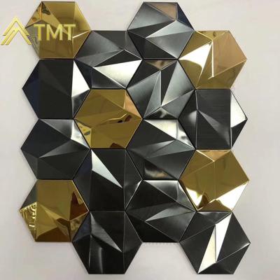 China Luxury indoor outdoor hexagonal pvd color sand mirror stainless steel panel wall decoration 3D decorative piece for sale