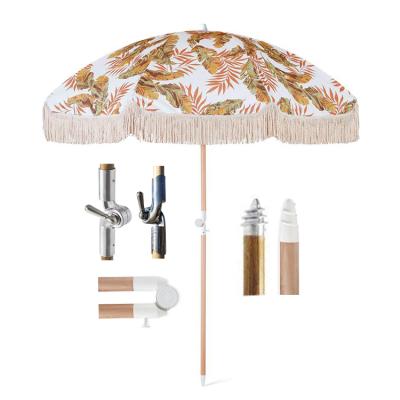 China Factory Price Vintage Sun Shade Modern Cheap Luxury Bohemian Wooden Beach Umbrella With Tassels Recycled Boho Beach Umbrella for sale