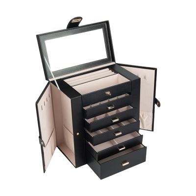 China Fashionable Custom Opened Black Leather Luxury Travel Jewelry Double Double Display Case Multifunctional Organizer Box With Metal Lock Mirror for sale