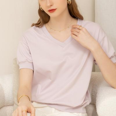 China Wholesale Breathable Women 2023 100% Cotton Summer V-Neckline Puff Lantern Sleeve Elegant T-shirt Blouses And Shirt Tops Plain Color Short for sale