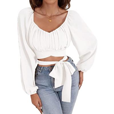 China Breathable Customize Cloth Wholesale Price Women's Ladies Cute Lantern Breath Sleeve Off Shoulder Self Tie Knot Wrap Crop Tops Bardot Blouse for sale