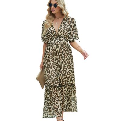 China MACTING Breathable Copy Ruffled Lady Elegant 2023 Summer Women Clothing Leopard Chiffon Long Shortsleeve Dresses Women for sale