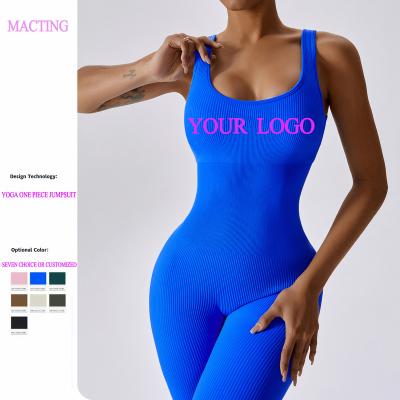 China Breathable Customize Fabric Logo Women Workout Yoga Gym Ribber Stretch Bodycon Long Jumpsuit One Piece Seamless Sets Backless Jumpsuits for sale