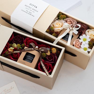 China Birthdays M389 Valentine Gifts Quality Private Label Rose Gift Box Artificial Soap Flowers Scented Candles Luxury Gift Set For Birthday for sale