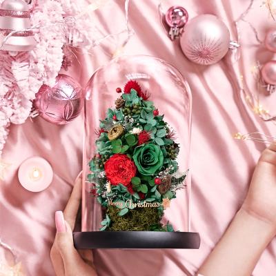 China Christmas Wedding Anniversary R359 2021 Design Christmas Tree Dome Gift Box New Glass Gift Set Preserved Flower Gift Box for sale