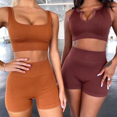 China Breathable Fashion Ribbed Workout Apparel Fitness Sports Crop Top And Yoga Shorts Sets for sale