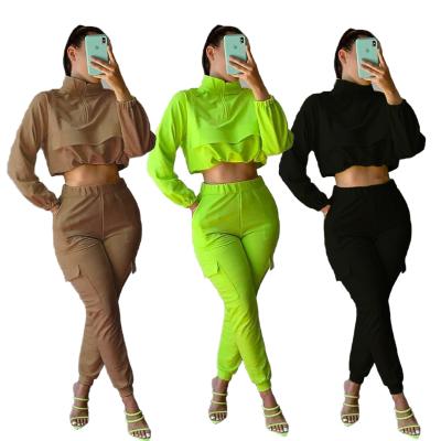 China New Fashion Breathable Casual Designer Long Sleeves Pockets Women Short Pant Suit Top Set for sale