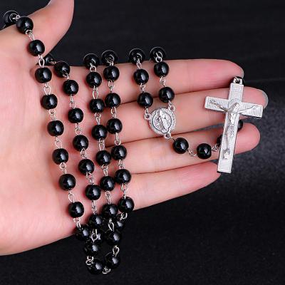 China Catholic 8mm Religious Glass Bead Necklace Men Women Prayer Rosary Long Chain Necklace Jesus Christ Cross Pendant Jewelry for sale