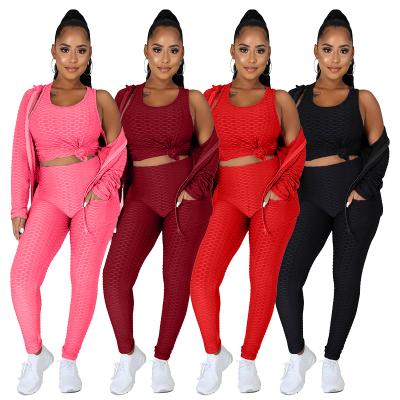 China New QUICK DRY hooded zipper yoga pants- warm fall/winter style sports three-piece set + vest for sale