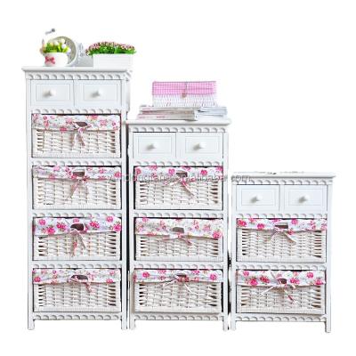 China Modern Solid Wood Furniture Storage Wooden Cabinet 3 Set With Rattan And Drawer Baskets for sale