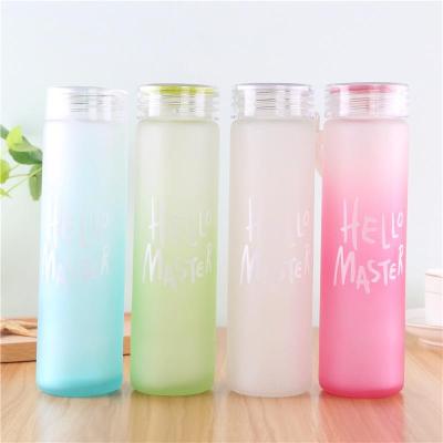 China 2022 custom logo bpa letter hello 500ml glass water viable sublimation free frosted colored master bottles with silicone cord for sale