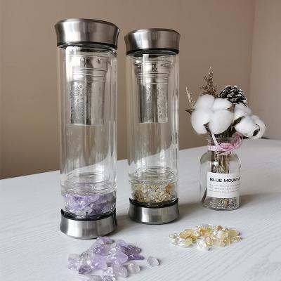 China Sustainable Natural Quartz Gemstone Engrave Crystal Glass Water Bottle With Crystal for sale