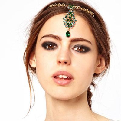 China Classical Green Forehead Eyebrow Fashion Princess Diamond Dangle Chain Exaggerated Female Headband Hair Accessories for sale