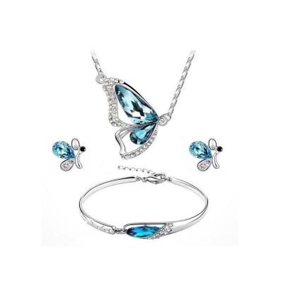 China CLASSIC Popular Diamond Crystal Butterfly Necklace Bracelet Stud Earring Set For Women for sale