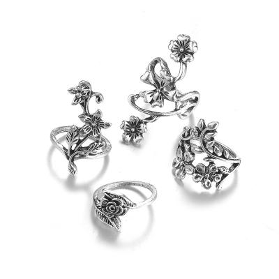 China 4Pcs/Set Vintage Bohemia Ethnic Casual/Sporty Style Antique Silver Rings Set Rose Flower Rings For Women for sale