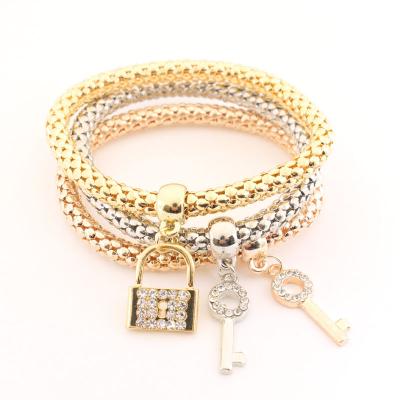 China Popular Diamond Key Lock Three Color Elastic Female Casual / Sporty Three Piece Bangle Bracelet Direct Deal for sale