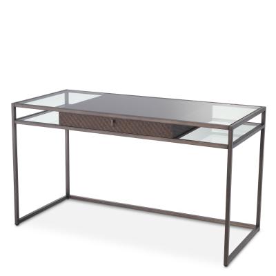 China Modern Stainless Steel Frame Furniture Home Office Oak Veneer Style Woven Clear Glass Drawer Laptop Main Desk One for sale