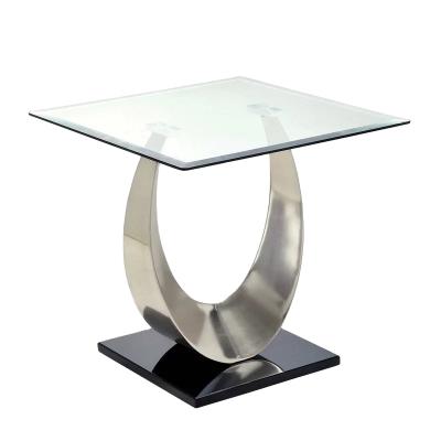 China Rectangular Design Curved U Shaped Base Table Curved Base End Table Tempered Glass Abstract Stainless Steel U Shaped End Table for sale