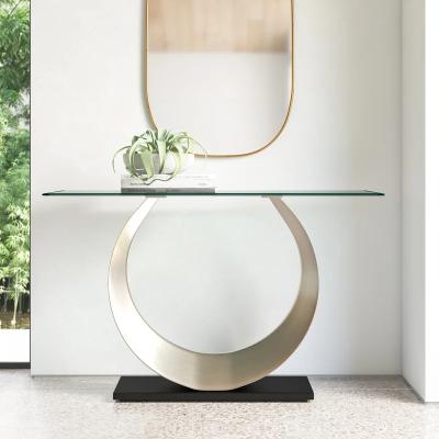 China Rectangular Half Moon Console Table Design Curved Base U Shaped Tempered Glass 48