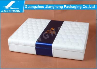 China Embroider pattern design leather gift box hinged large white PU with blue band for sale